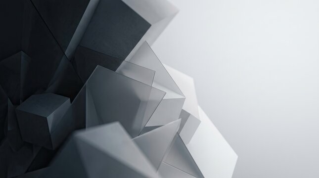 Abstract geometric shapes create a dynamic composition.  Sharp, angular forms in shades of gray and white interlock and overlap, suggesting fragmentation and reconstruction.