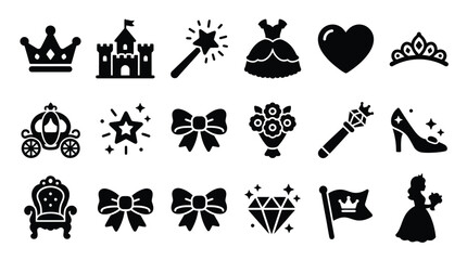Collection of black silhouette icons representing fairy tale and princess themes, including crowns, castles, and magic wands. © yuanita