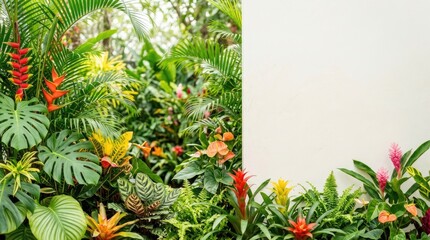 Fototapeta premium A vibrant tropical garden fills the foreground, overflowing with lush green foliage, colorful tropical flowers, and ferns.