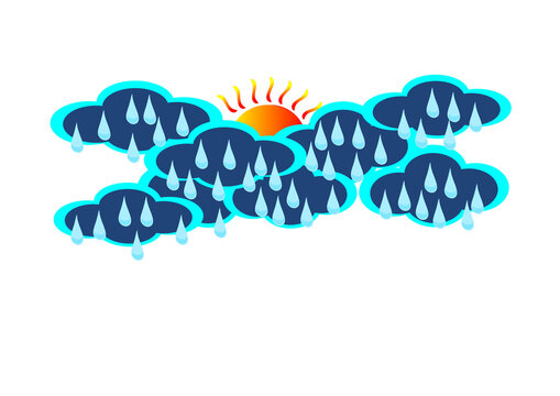 Sun Shower Behind Dark Blue Rainy Clouds with Water Drops Isolated on Transparent Background