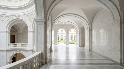 Fototapeta premium A wide-angle photograph captures a grand, marble hallway within a stately building. The hallway features a series of arched openings, leading into a distant courtyard.