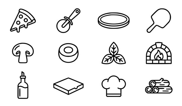 Generic Italian pizza slices and toppings vector icon set with simple bold line art classic complete unbranded pizza slice cutter pepperoni fast food clip art black and white