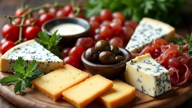 Gourmet cheese board with assorted cheeses, fresh fruits, olives, and cured meat.