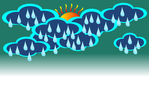 Sun Shower Behind Dark Blue Rainy Clouds Top Border Isolated on Transparent Background