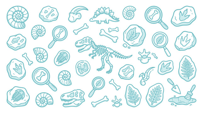 Collection of cartoon dinosaur fossils and paleontological excavation tools, perfect for educational or scientific themes.