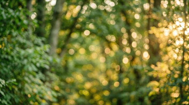 Sunlight filters through lush green foliage, creating a bokeh effect of golden light spots. The image captures a serene forest scene with blurred trees and leaves, suggesting a warm, hazy atmosphere.