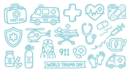 Fototapeta premium Collection of hand-drawn medical icons and symbols representing emergency healthcare and trauma care services, including ambulance, first aid, and medical professionals.