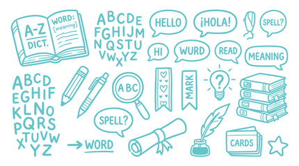 Collection of hand-drawn educational icons and symbols related to language learning and literacy. © Meila