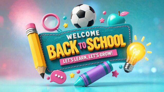 Bright back-to-school chalkboard with soccer ball, pencils, lightbulb, and playful stationery