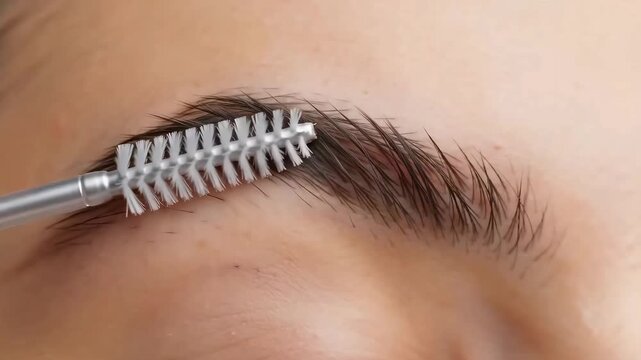 Extreme close-up of a spoolie brush grooming and shaping a dark eyebrow during a beauty treatment