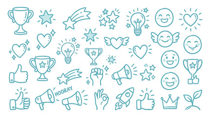 Fototapeta premium Collection of hand-drawn icons representing success, achievement, and positive emotions.