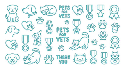 Fototapeta premium Cute cartoon icons of dogs, cats, paw prints, and medals for 'Pets for Vets' campaign.