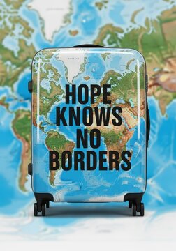 Suitcase with World Map and Hope Knows No Borders Text for Global Travel and Unity Concept