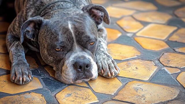 Brindle dog with soulful eyes lying calmly on a patterned stone floor.
