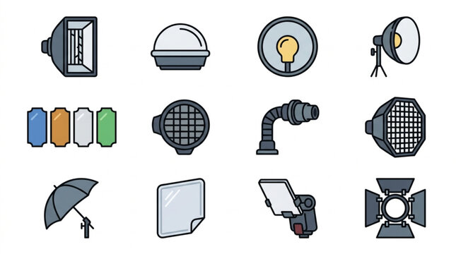 Collection of photography lighting equipment and accessories.