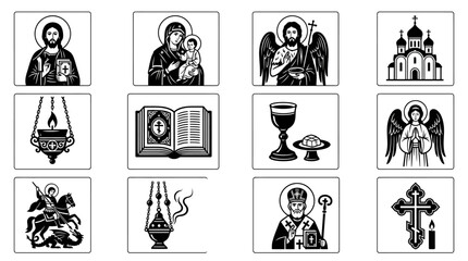 Obraz premium Collection of black and white Orthodox Christian icons featuring religious figures, symbols, and church elements.