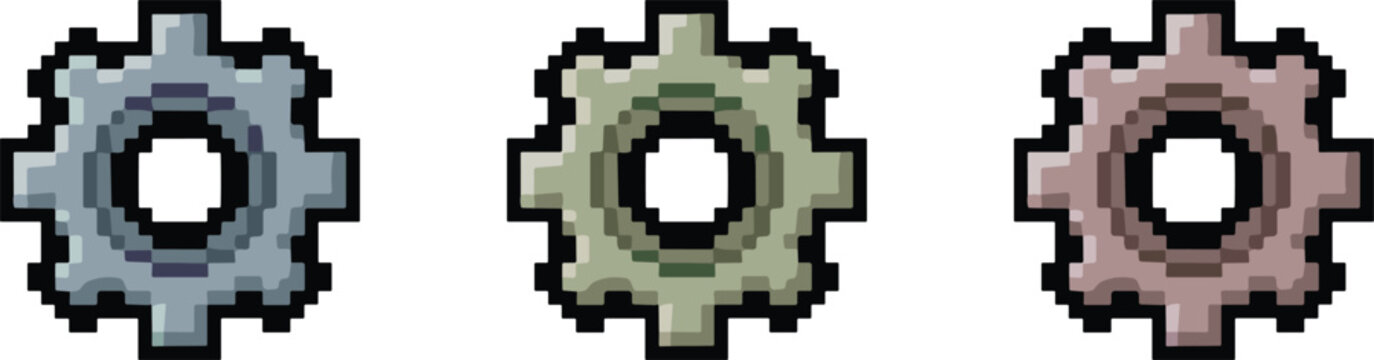 Pixel art illustration set of three industrial gear cogs isolated on a white background.

Retro style pixelated mechanical gear icons in different metallic colors for game design.