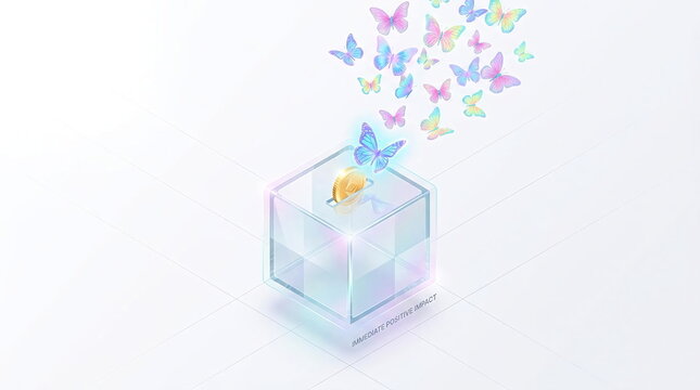 Glass cube with colorful butterflies flying into white space.