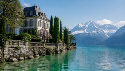 Fototapeta premium Luxurious Mansion Standing on the Banks of a Serene Alpine Lake Beneath Snowy Mountain Peaks