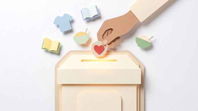 Hand inserting heart icon into wooden donation box.