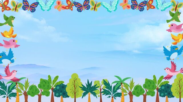 Animated tropical nature frame with flying birds and butterflies