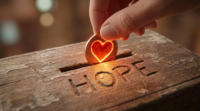 Hand placing glowing heart coin into wooden hope box.