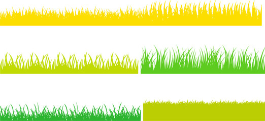 Obraz premium Set of vibrant green and yellow grass border silhouettes for spring meadow landscapes and vector footer designs.
