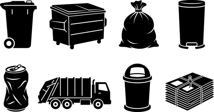 Set of waste management, recycling, and sanitation icons featuring trash bins, dumpsters, garbage trucks, and recyclable materials symbols for environmental design