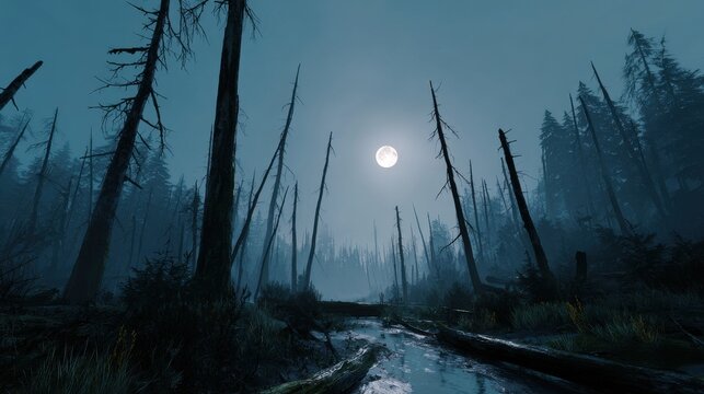 A spooky full moon shines over a dark and eerie dead forest at night. Perfect for Halloween or horror themes.