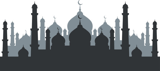 Layered silhouette graphic of traditional islamic mosque architecture with multiple domes and minarets silhouette architecture building religion background traditional landmark