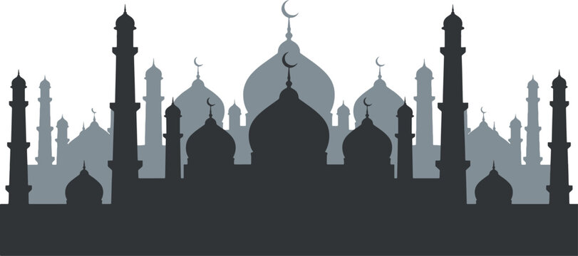 Layered silhouette graphic of traditional islamic mosque architecture with multiple domes and minarets silhouette architecture building religion background traditional landmark