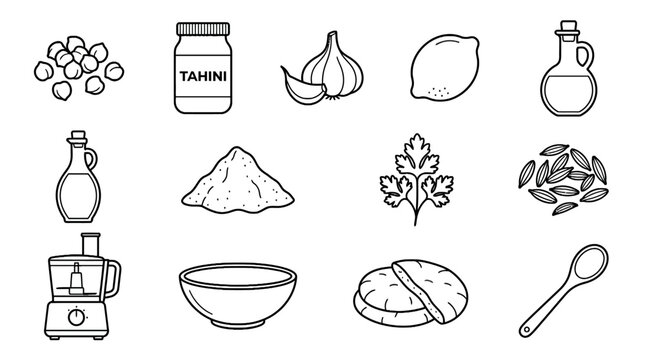 Healthy tahini lemon garlic dressing ingredients: tahini lemon garlic oil salt pepper herbs bowl blender spoon.