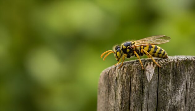 Yellow Jacket Wasp Perched on a Wooden Post in a Lush Green Garden Environment