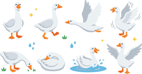 Cute white goose character set vector illustration with flying swimming walking sleeping farming bird mascot poses elements © Rukhsana