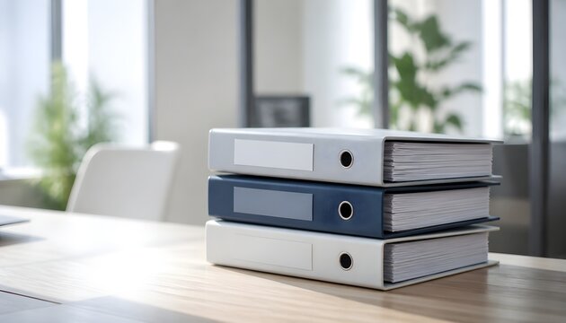 Professional Stack of Three Ring Binders Placed on a Wooden Office Desk for Documentation