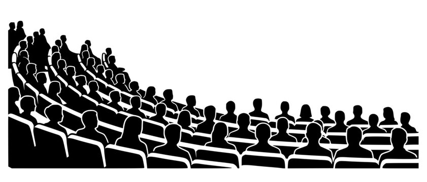 Black silhouettes of audience seated in tiered auditorium, symbolizing gathering, performance, and shared attention in bold vector art.