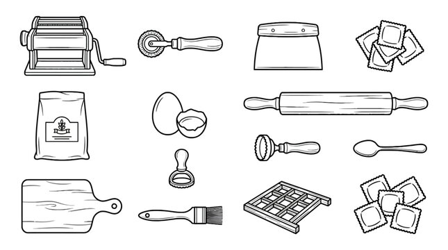 Kitchen Baking Tools Collection Line Drawing Including Rolling Pin Egg Timer Dough Cutter Pastry Brush Flour Pack and Cookies for Cooking and Baking