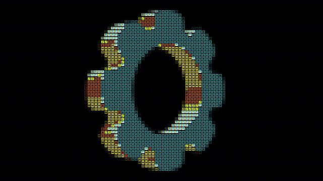 Pixel Art Retro Style Gear Shape with ASCII STYLE  Blue Yellow and Red Mosaic Pattern on transparent Background