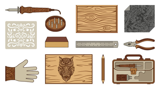 Set of carpentry tools and materials including wood, ruler, glue, screwdriver, and owl decoration for woodworking and crafting projects