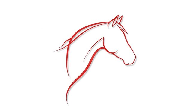 Animated red line art drawing of a horse's head appearing on a white background, symbolizing creation and elegance