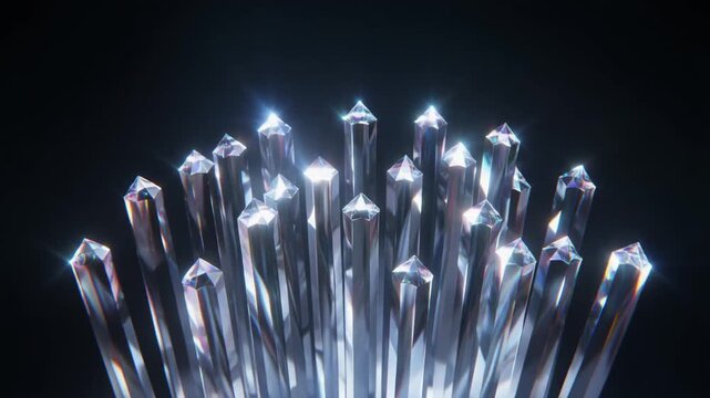 Transparent crystal rods vibrate in synchronized motion as internal light travels through each crystal, revealing elegant optical refraction with cinematic studio lighting and photorealistic materials