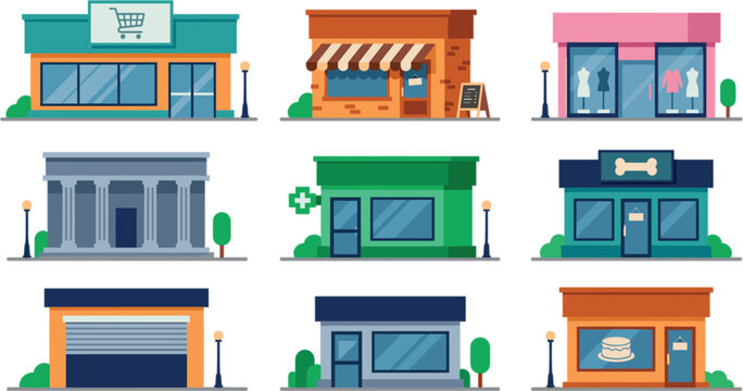 Store front shop building vector icon set with supermarket boutique bakery bank pharmacy garage pet store elements