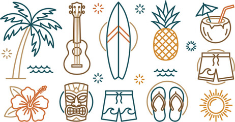 Tropical Hawaii summer beach vector icon set with palm tree surfboard ukulele pineapple cocktail shorts tiki elements © Rukhsana