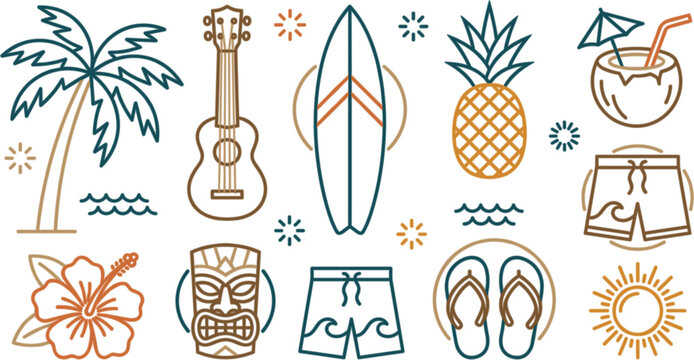 Tropical Hawaii summer beach vector icon set with palm tree surfboard ukulele pineapple cocktail shorts tiki elements