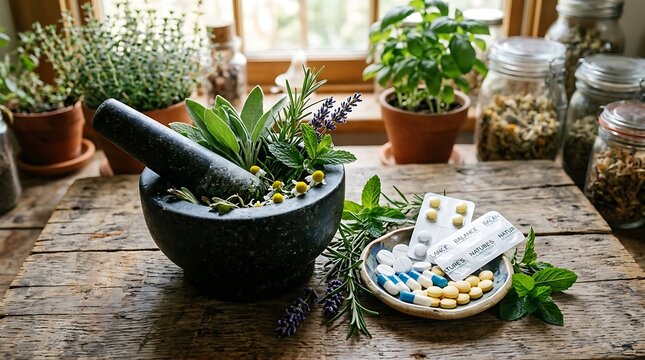 Herbal supplements and fresh leaves in a mortar for natural medicine. Organic wellness ingredients crushed for holistic health remedies.