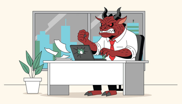 Angry red monster wearing a white shirt and red tie furious typing on a cracked laptop inside a city view office room.