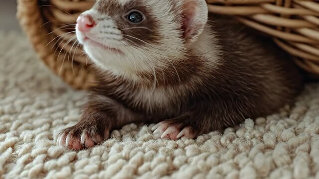 Adorable baby ferret peeking out from under a wicker basket on a cozy carpet.