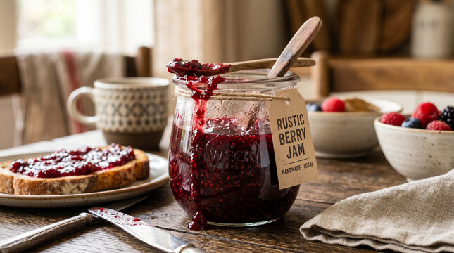 Rustic berry jam in jar with toast and fresh fruit on table  