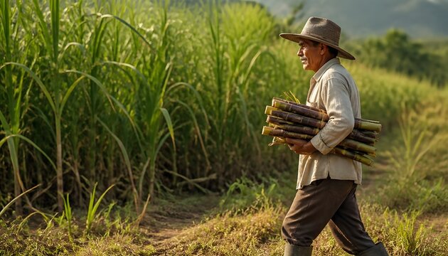 Farmer Carrying Harvested Sugarcane Stalks in a Field