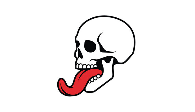 Spooky cartoon skull in side profile view sticking out a long red tongue, isolated on a plain white background.